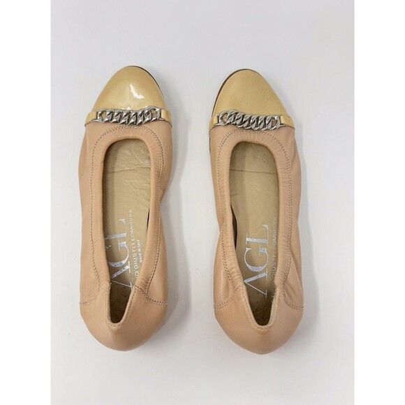 AGL Women Ballet Flats Beige Leather Slip On Chain Italian Ballerina 38.5 US 8.5 - Picture 6 of 8